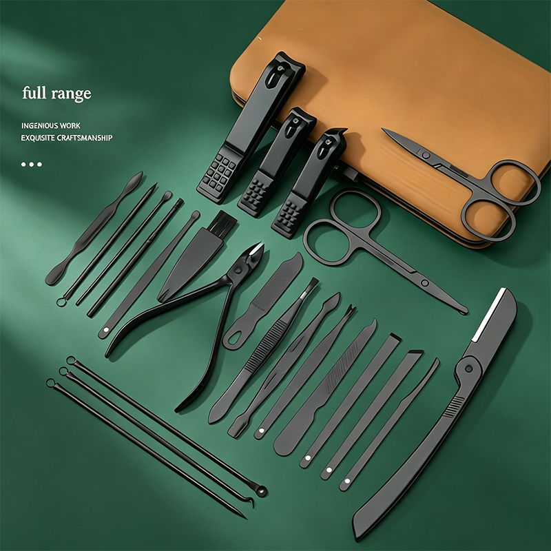 Mens Grooming Kit Case - 24-delige manicure- en pedicureset, bruine roestvrijstalen